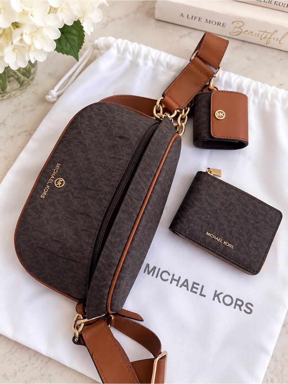 Michael Kors Brown Signature Crossbody Bag 3-Pc Set + Wallet & Pouch